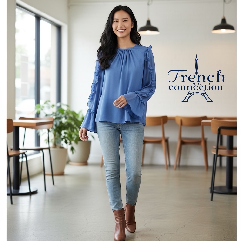 French Connection Blue Ruffled Blouse Size Small NEW!